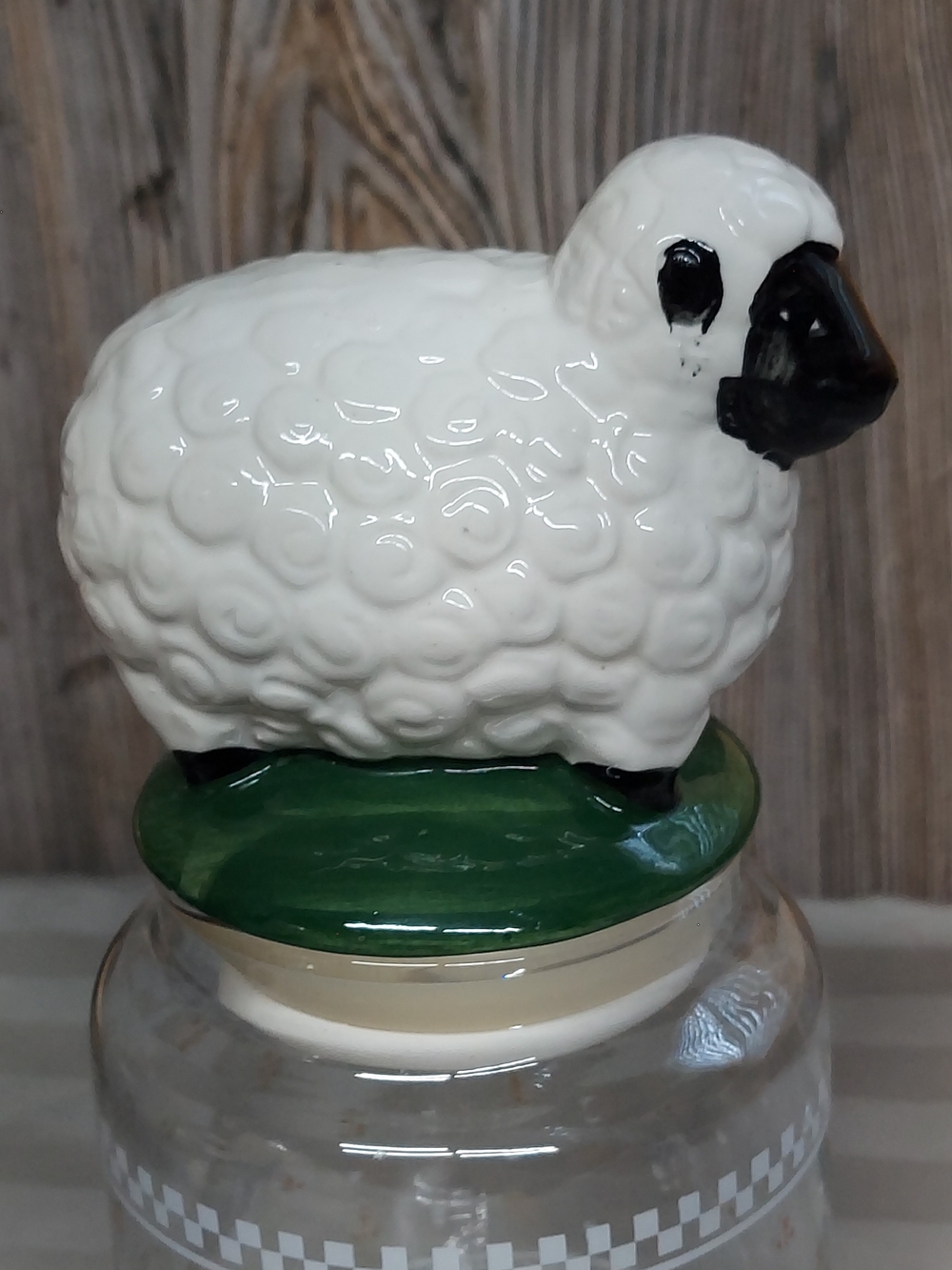 Vintage Glass Treat Jar with Ceramic Sheep Topper Lid- Cottagecore Farmhouse - Picture 4 of 7